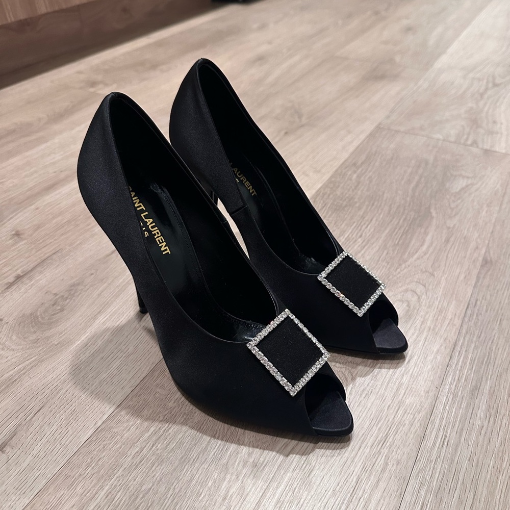 Saint Laurent Black Satin Heels with Rhinestone Buckle